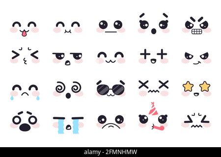 Kawaii nette Gesichter. Japanische Manga Emotionen Angst, Weinen und Wut, Apathie und Tod, Freude und Überraschung Anime Doodle isoliert Vektor-Set. Gesicht mit Sonnenbrille, Sternaugen, Geburtstagshut Stock Vektor