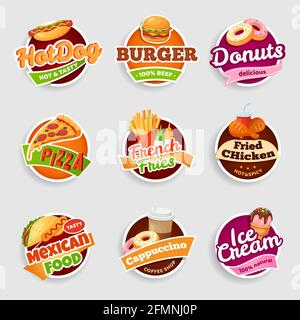 Fast-Food-Etiketten. Pommes frites, Burger und Pizza, Huhn und mexikanisches Essen, Donuts und Eis, Hot Dog und Café Vector isolierte Aufkleber für Café, Restaurant oder Restaurant. Isolierte Abzeichen Stock Vektor