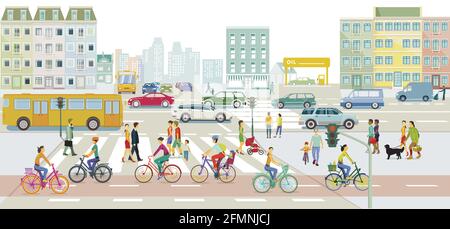 Stadtlandschaft mit Straßenverkehr und Fußgängern, Illustration Stock Vektor