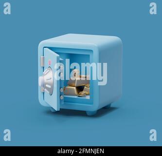 Offene Safebox mit Schatz in der Vorderansicht auf blauem pastellfarbenem Hintergrund mit weichen Schatten. Einfache 3d-Renderdarstellung. Stockfoto