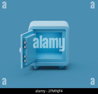 Öffnen Sie die leere Safebox-Vorderansicht auf blauem pastellfarbenem Hintergrund mit weichen Schatten. Einfache 3d-Renderdarstellung. Stockfoto