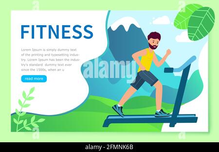 Website Konzept Fitness. Ein Erwachsener läuft auf einem Laufband vor dem Hintergrund der Natur und der Berge. Vektor-Illustration im modernen flachen Stil. Stock Vektor