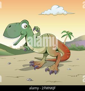 Cartoon-Stil Illustration eines lustigen und niedlichen Tyrannosaurus Rex Sonnenuntergang oder Morgengrauen Himmel mit Wolkenvegetation und einer Palme Baum im Hintergrund Stock Vektor