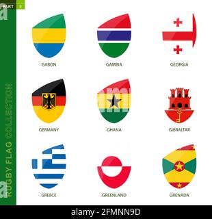 Rugby-Flag-Kollektion. Rugby-Symbol mit Flagge von 9 Ländern: Gabun, Gambia, Georgien, Deutschland, Ghana, Gibraltar, Griechenland, Grönland, Grenada Stock Vektor