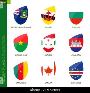 Rugby-Flag-Kollektion. Rugby-Symbol mit Flagge von 9 Ländern: Britische Jungferninseln, Brunei, Bulgarien, Burkina Faso, Burundi, Kambodscha, Kamerun, Canad Stock Vektor