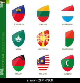 Rugby-Flag-Kollektion. Rugby-Symbol mit Flagge von 9 Ländern: Liechtenstein, Litauen, Luxemburg, Macau, Mazedonien, Madagaskar, Malawi, Malaysia, Mald Stock Vektor