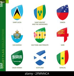 Rugby-Flag-Kollektion. Rugby-Symbol mit Flagge von 9 Ländern: St. Lucia, St. Vincent und die Grenadinen, Samoa, San Marino, Sao Tome und Principe, S Stock Vektor