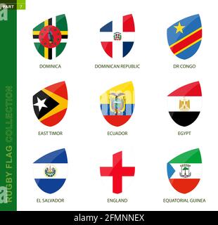 Rugby-Flag-Kollektion. Rugby-Symbol mit Flagge von 9 Ländern: Dominica, Dominikanische Republik, DR Kongo, Osttimor, Ecuador, Ägypten, El Salvador, England, Stock Vektor