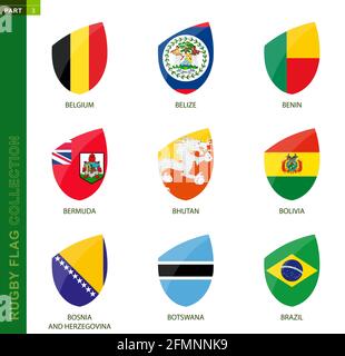 Rugby-Flag-Kollektion. Rugby-Symbol mit Flagge von 9 Ländern: Belgien, Belize, Benin, Bermuda, Bhutan, Bolivien, Bosnien und Herzegowina, Botswana, Brasilien Stock Vektor