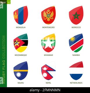 Rugby-Flag-Kollektion. Rugby-Symbol mit Flagge von 9 Ländern: Mongolei, Montenegro, Marokko, Mosambik, Myanmar, Namibia, Nauru, Nepal, Niederlande Stock Vektor