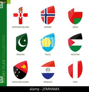 Rugby-Flag-Kollektion. Rugby-Symbol mit Flagge von 9 Ländern: Nordirland, Norwegen, Oman, Pakistan, Palau, Palästina, Papua-Neuguinea, Paraguay, Pe Stock Vektor