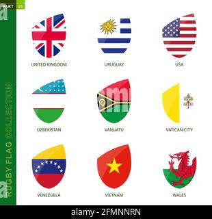 Rugby-Flag-Kollektion. Rugby-Symbol mit Flagge von 9 Ländern: Vereinigtes Königreich, Uruguay, USA, Usbekistan, Vanuatu, Vatikanstadt, Venezuela, Vietnam, Wales Stock Vektor