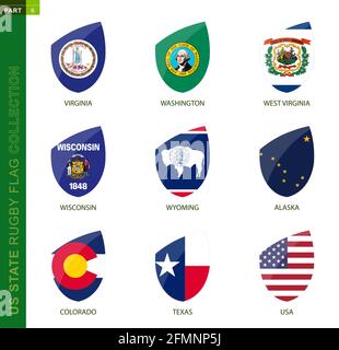Rugby-Flag-Kollektion. Rugby-Symbol mit Flagge von 9 US-Bundesstaaten: Virginia, Washington, West Virginia, Wisconsin, Wyoming, Alaska, Colorado, Texas, USA Stock Vektor