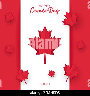 Happy Canada Day Banner mit Canada Flag und papiergeschnittenen Ahornblättern. Vektorgrafik Stock Vektor