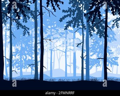 Waldhintergrund, Silhouetten von Bäumen. Magische neblige Landschaft. Blaue Abbildung. Stock Vektor