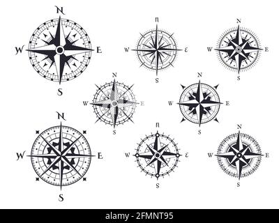 Retro-Kompass. Windrose nautische Richtung Symbole mit Kardinalpunkten, vintage Karte Kompasse Elemente Vektor isoliert gesetzt. Reisen um die Welt, verschiedene isolierte Expeditionsausrüstung Stock Vektor