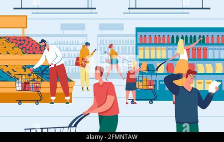 Menschen im Geschäft. Männer und Frauen einkaufen im Supermarkt. Kunden, die Produkte kaufen. Lebensmittelgeschäft, Einzelhandel mit Verbraucher Vektor-Illustration. Mann kauft Gemüse und Obst Stock Vektor