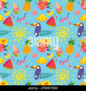 Sommerliches Nahtmuster. Ananas, Eis, Wassermelone, Blume, Tukan, Von Hand gezeichnete Elemente der Sonne. Tropischer Druck, Hintergrund für Urlaub oder Urlaub. Obst, Pflanzen und Vögel zum Einpacken von Papier Stock Vektor