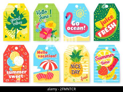 Sommer-Tags. Sommerliche Etiketten mit Wassermelone, Erdbeeren. Geschenkanhänger mit Früchten, Blumen, tropischen Blättern, Eis, Strand, meer. Etikettenvektor für Urlaubskarten. Helle Elemente mit Früchten Stock Vektor