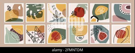 Organischer abstrakter Druck. Minimales Boho-Wandbild. Organische Formen, tropische Pflanzen, Blätter, Blumen, Früchte, Naturelemente. Modernes botanisches Quadrat Poster Vektor-Set. Granatapfel und Feige Stock Vektor