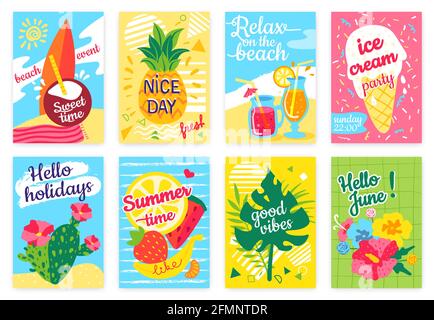 Sommerposter. Beach Party Flyer mit Meer, Surfbrett, Cocktails, Ananas, Obst, Eis, tropische Blätter. „Hallo, Urlaub“-Banner-Vektorset. Entspannen Sie sich am Strand, schöner Tag Stock Vektor