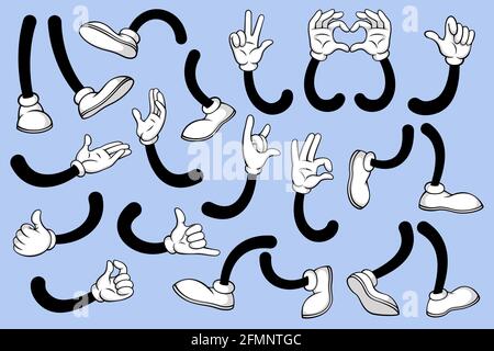 Cartoon Beine und Hände. Bein in weißen Stiefeln und Handschuhen, komische Füße in Schuhen und Arm mit verschiedenen Gesten. Vektor-Maskottchen-Elemente. Winken und Herz zeigen mit Händen, Fuß zu gehen Stock Vektor