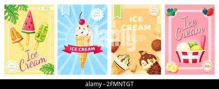 Eiscreme-Poster. Werbebanner für kalte Sommerdesserts. Flyer-Schablone mit Vanille, Schokobecher, Fruchteis, Eis für den Laden, Café-Menü, Vektor-Set des Restaurants. Werbung für Naturprodukte Stock Vektor