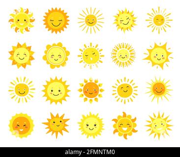 Süße Sonne. Cartoon sonnigen Emoji, glückliche gelbe Sonne Zeichen mit Lächeln, Sonnenschein Emoticon, lustige kawaii Vektor-Set. Fröhliche Sommergesichter mit Strahlen und Strahlen. Strahlender Sonneneinbruch, Wärme Stock Vektor
