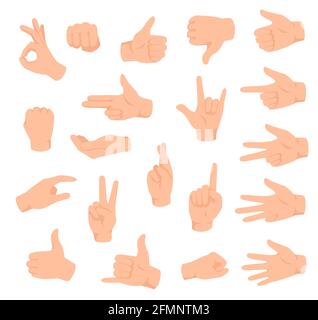 Handgesten. Männliche Hände mit verschiedenen Zeichen. OK, Sieg und Gefällt mir, Abneigung. Finger zählen, Arm flach halten, isolierter Vektorsatz. Zeigefinger, zeigt Zahlen und Richtung mit Zeigefinger Stock Vektor
