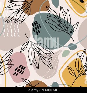 Modernes, nahtloses Boho-Muster. Abstrakte organische Formen, tropische Blätter, Fruchtelemente. Botanischer Stoffdruck, Tapete. Handgezeichneter Doodle-Hintergrundvektor. Laub, Zweige mit Linien Stock Vektor