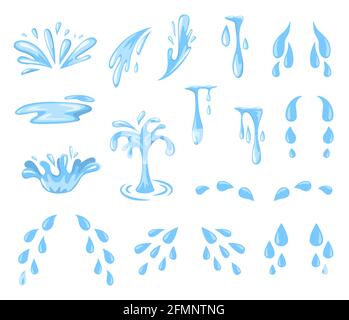 Cartoon Spritzer und Tropfen. Tränen, Schweiß oder Wasser sprühen und fließen, fallende blaue Wassertröpfchen. Regentropfen, isolierte Pfütze-Vektorset. Stress und Depression Tropfen, fließendes reines Wasser Stock Vektor