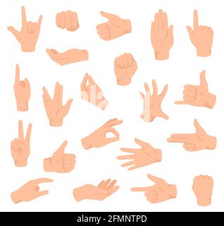 Flache Hände. Mann Hand mit verschiedenen Gesten und Faust. Öffnen Sie die Handfläche Sieg und Daumen nach oben, zeigt Finger Zeichen. Halten und Geben Arm Vektor-Set. Körpersprachliche Signale für die Kommunikation Stock Vektor