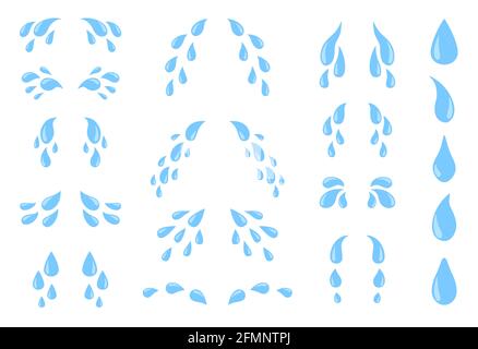 Cartoon Tränen. Schweiß oder weinende Flüssigkeit, fallende blaue Wassertropfen. Regentropfen isoliert Vektor-Set für traurigen Charakter weinende Ausdruck. Nasse Kummer-Tröpfchen, emotionale Blobs und Tropfen Stock Vektor