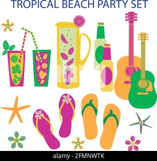 Tropischer Strand Party Vektor-Set. Sammlung isolierter Mojito-Krüge, Trinkgläser mit biegsam strohhalmen, Zitronenscheiben, Seesterne, Muscheln, männliches Weibchen Stock Vektor