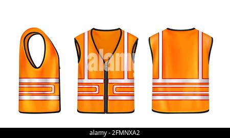 Sicherheitsweste in Vorder-, Seiten- und Rückansicht, orange ärmellose Jacke mit reflektierenden Streifen für Straßenarbeiten, Weste Mockup mit fluoreszierenden Schutzelementen realistisches 3d-Vektor-Modell, Set Stock Vektor