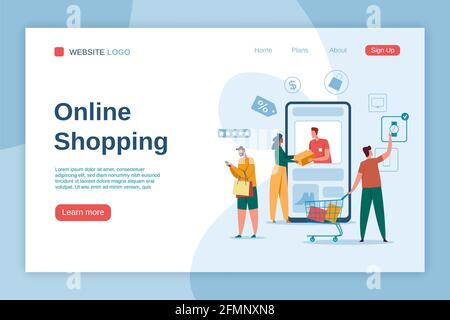 Zielseite für Online-Shopping. Käufer mit Einkaufstaschen. Online-Lieferung, digitales Marketing, E-Commerce-Werbung, Vektorvorlage für die Website-Schnittstelle. Mann mit Wagen, Frau, die das Paket erhält Stock Vektor