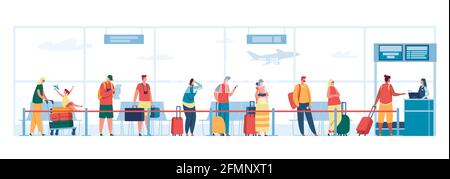Check-in-Schalter am Flughafen. Personen mit Gepäck warten in der Schlange an der Rezeption, Passkontrolle, Abflugterminal Vektor-Illustration. Männliche und weibliche Charaktere mit Kindern Stock Vektor