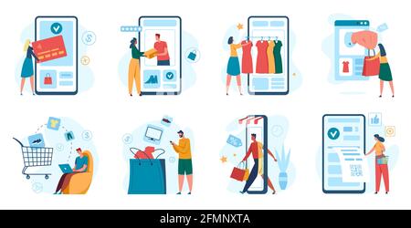Online-Shopping. Kunden kaufen mit Smartphone, Online-Shop-Kasse. Mobile App Payment, E-Commerce, Digital Marketing Concept Vector Set. Frau, die mit Kreditkarte bezahlt und das Paket erhält Stock Vektor