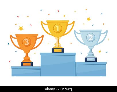 Pokal aus Gold, Silber und Bronze. Siegerpodium mit Gewinner- oder Champion-Auszeichnungen. Trophäenbecher für Sportwettkämpfe auf Vektorgrafik für Sockel. Siegesfeier mit Orten und Konfetti Stock Vektor