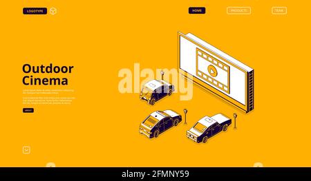 Outdoor-Kino-Banner. Drive-in-Kino mit Autos auf dem Parkplatz im Freien. Vektor Landing Page von Street Auto Cinema mit isometrischer Darstellung von Großleinwand und Autos Stock Vektor