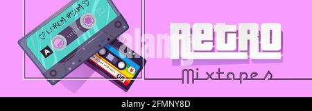 Retro-Mixtapes Cartoon-Banner, Audio-Plattenspieler online oder mobile Anwendung mit Mix-Tapes-Kassetten. Disco, Multimedia-Wiedergabe, Service zum Musikhören, Vector Web-Header Stock Vektor