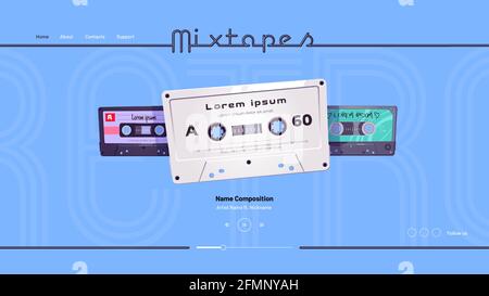 Mixtapes Cartoon Landing Page, Audio-Record-Player Online-Schnittstelle oder mobile Anwendung mit Retro-Kassetten, Mix-Tapes Disco, Multimedia-Speicherung, Service für Musik hören, Vector Web-Banner Stock Vektor