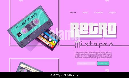 Retro-Mixtape-Banner mit Vintage-Audiokassetten mit Pop- und Rockmusik der 80er und 90er Jahre. Vektor-Landing-Page mit flacher Darstellung alter Audiobänder, Stereo-Musikkassetten Stock Vektor