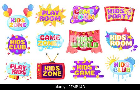 Kinderbereich. Cartoon Kinder Label Dekoration, bunte Banner mit Blasen, Farbspritzer, Luftballons. Spielzimmer Emblem oder Logo Vektor-Set. Spielzimmer oder Party mit glänzenden Schriftzügen und Schildern Stock Vektor