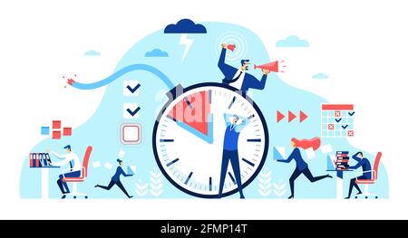 Frist für das Büro. Gestresste Mitarbeiter, die Überstunden machen. Müde Arbeiter und wütender Chef. Stichtag Zeitbombe, fehlende Fristen Vektor-Konzept. Zeitmanagement, Druck des Managers am Arbeitsplatz Stock Vektor