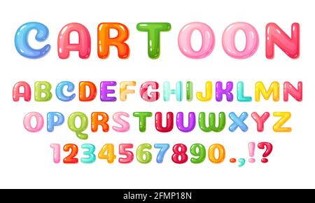 Cartoon Kinder Schriftart. Bunte Comic-Alphabet für Kinder. Niedliche kindliche Blase Buchstaben und Zahlen, glänzende Süßigkeiten oder Gelee Kind Buch Schriftzug Vektor. Kindliche Art für Veranstaltungen, Aktionen Stock Vektor