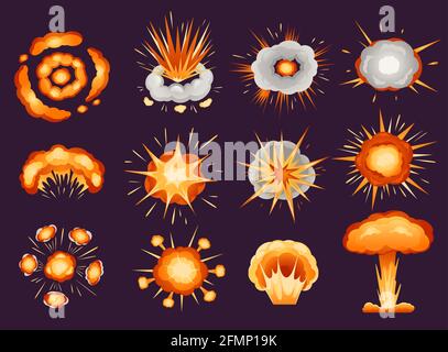 Komische Explosion. Bombenexplosion, Feuer platzen explosive Effekte mit Rauch, nukleare Pilzwolke. Cartoon Explosion Explosionen Effekt Vektor gesetzt. Energiestoß, kraftvoller Dynamit-Schuss, Flamme Stock Vektor