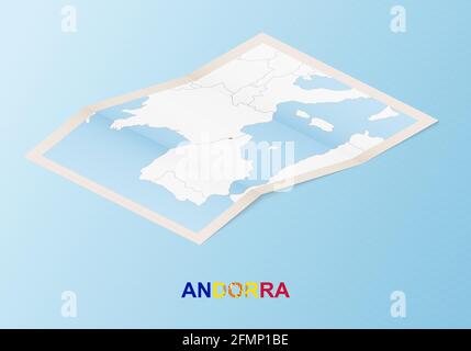 Gefaltete Papierkarte von Andorra mit Nachbarländern im isometrischen Stil auf blauem Vektorhintergrund. Stock Vektor