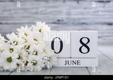 Weiße Holz-Kalenderblöcke mit dem Datum 8. Juni und weißen Gänseblümchen. Selektiver Fokus mit unscharfem Hintergrund. Stockfoto