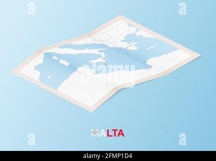 Gefaltete Papierkarte von Malta mit Nachbarländern im isometrischen Stil auf blauem Vektorhintergrund. Stock Vektor